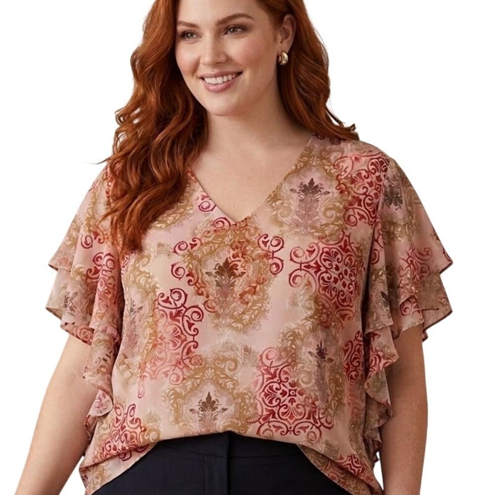 Lane Bryant Damask Ruffle Sleeve Blouse Womens Size 22/24 Tan Red V-Neck Top 3X